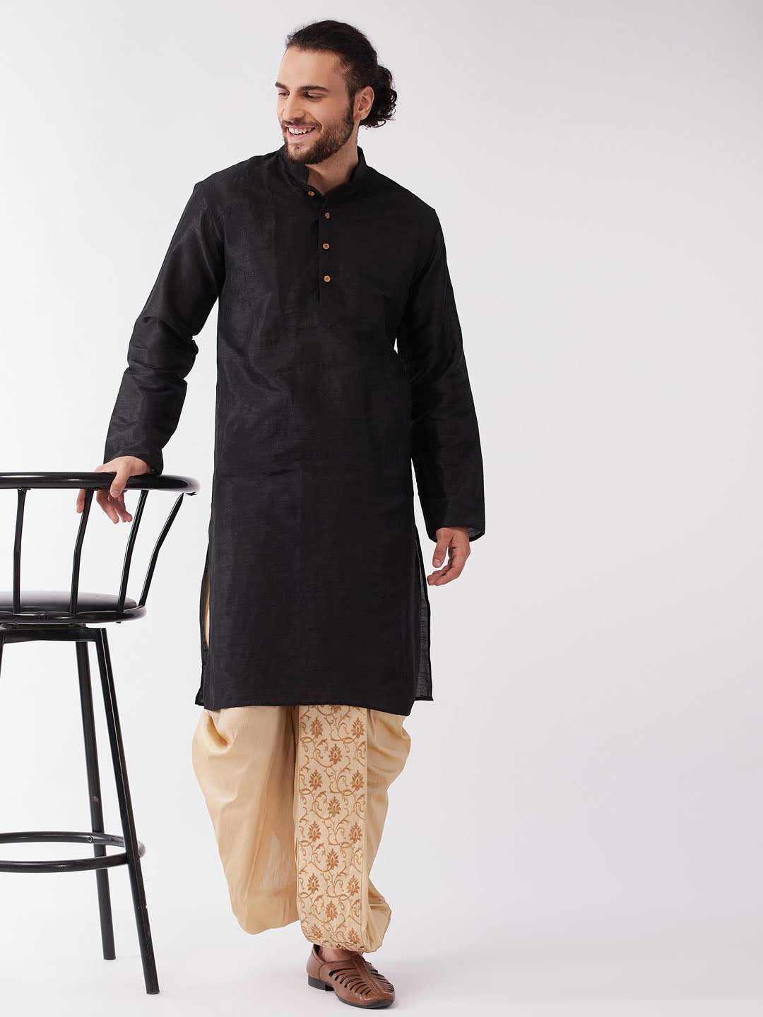 Men's Black And Gold Silk Blend Kurta And Dhoti Set