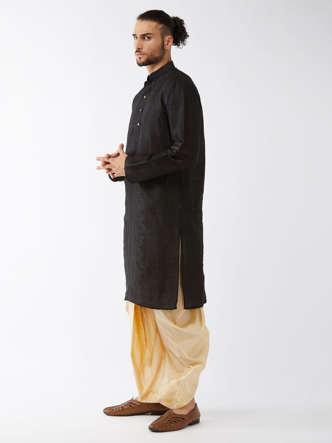 Men's Black And Gold Silk Blend Kurta And Dhoti Set