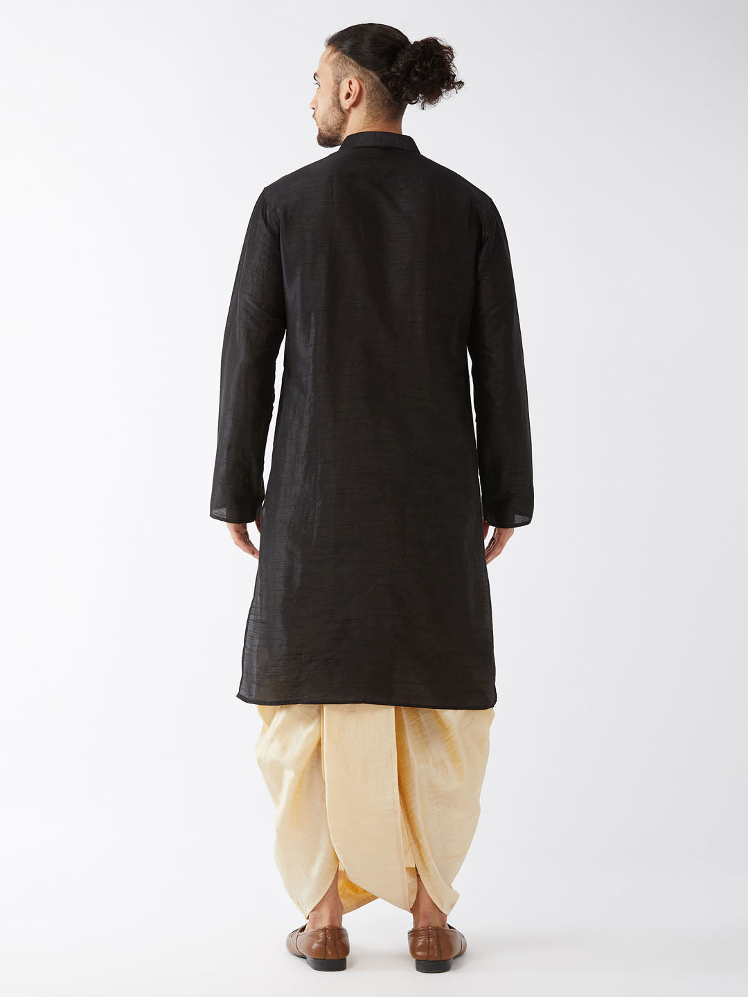 Men's Black And Gold Silk Blend Kurta And Dhoti Set