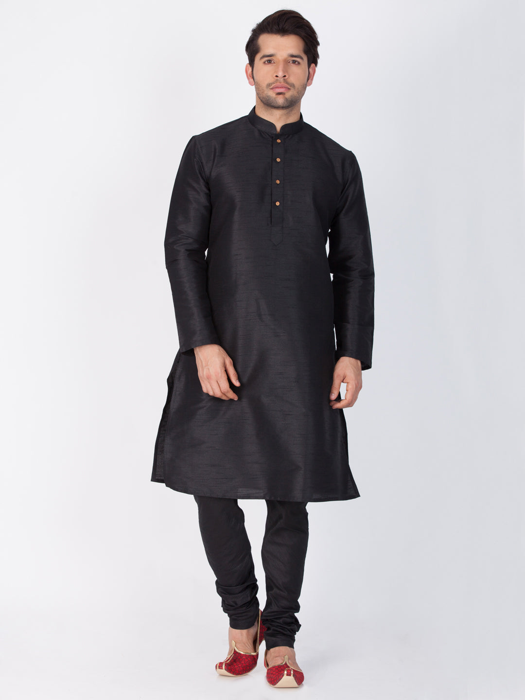 VASTRAMAY Men's Black Cotton Silk Blend Kurta and Pyjama Set