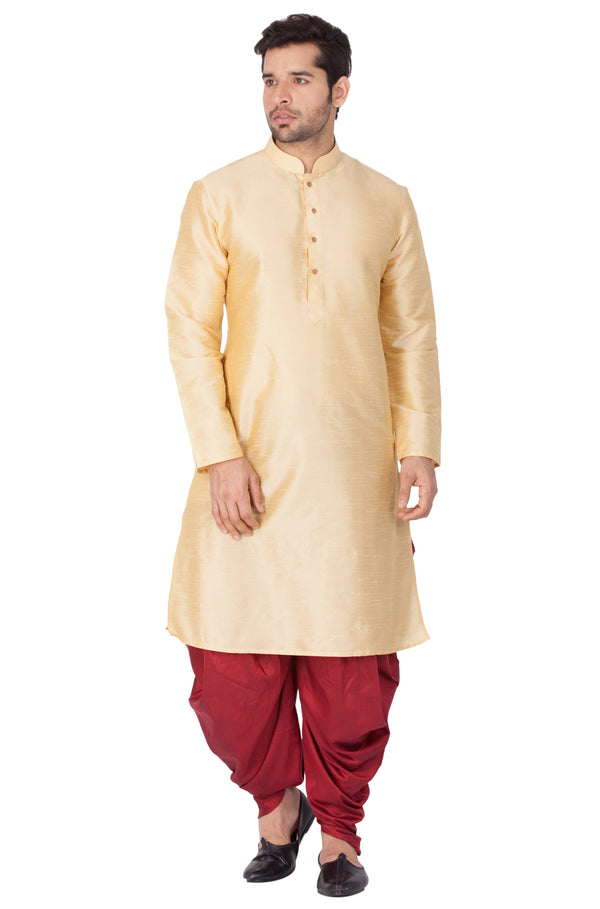 VASTRAMAY Men's Gold Cotton Silk Blend Kurta and Dhoti Pant Set