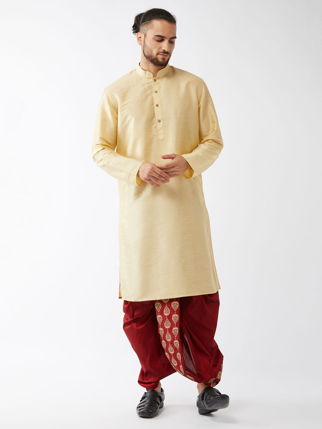 Men's Gold And Maroon Cotton Silk Blend Kurta And Dhoti Set