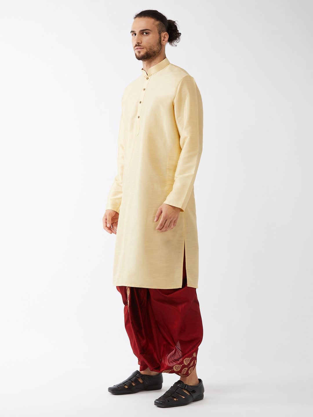 Men's Gold And Maroon Cotton Silk Blend Kurta And Dhoti Set