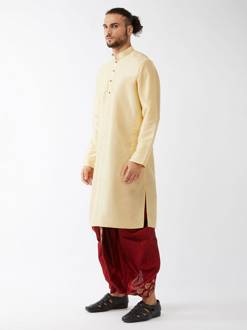 Men's Gold And Maroon Cotton Silk Blend Kurta And Dhoti Set