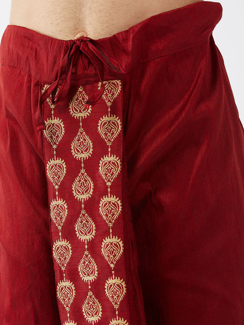 Men's Gold And Maroon Cotton Silk Blend Kurta And Dhoti Set