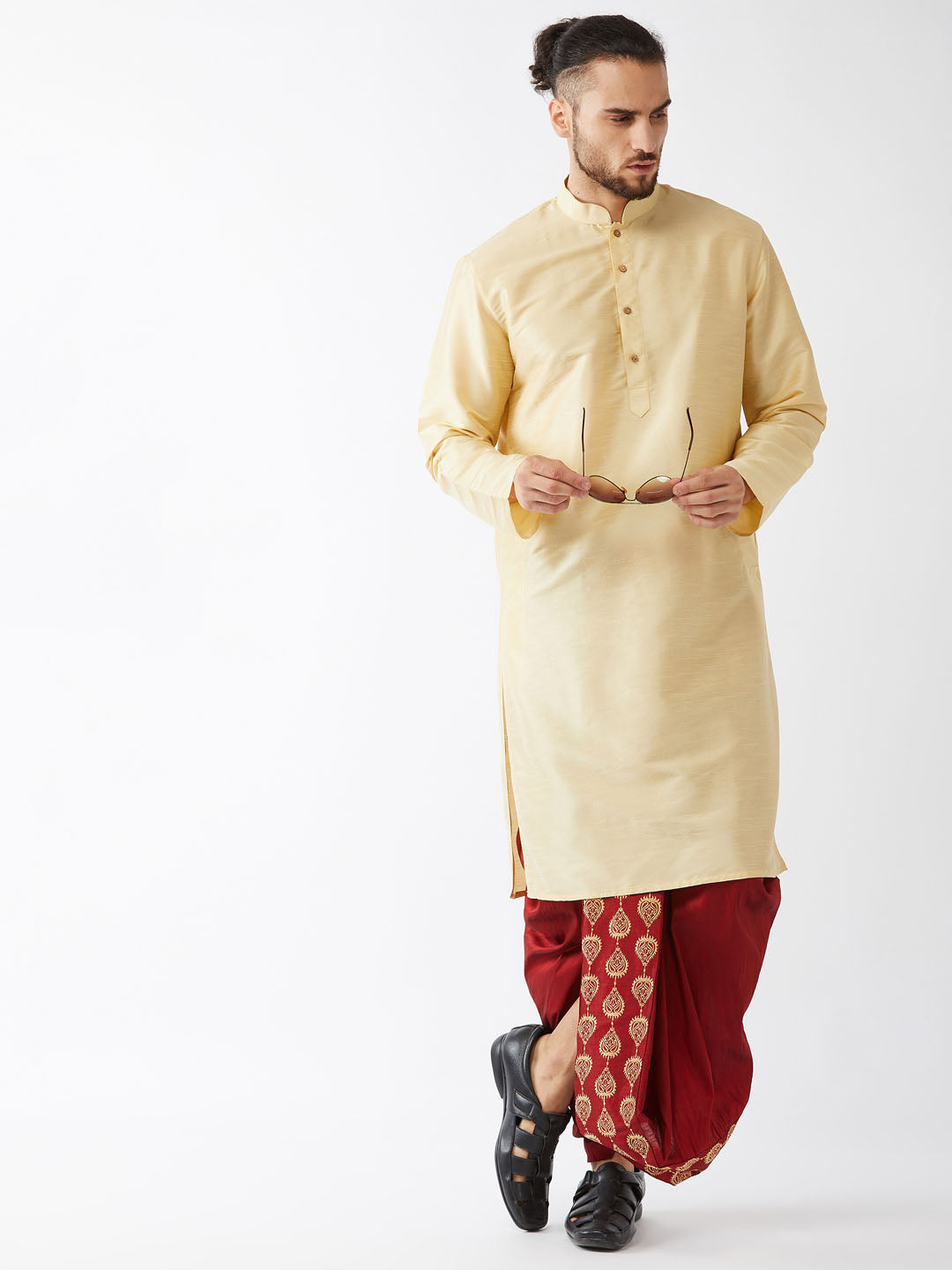 Men's Gold And Maroon Cotton Silk Blend Kurta And Dhoti Set