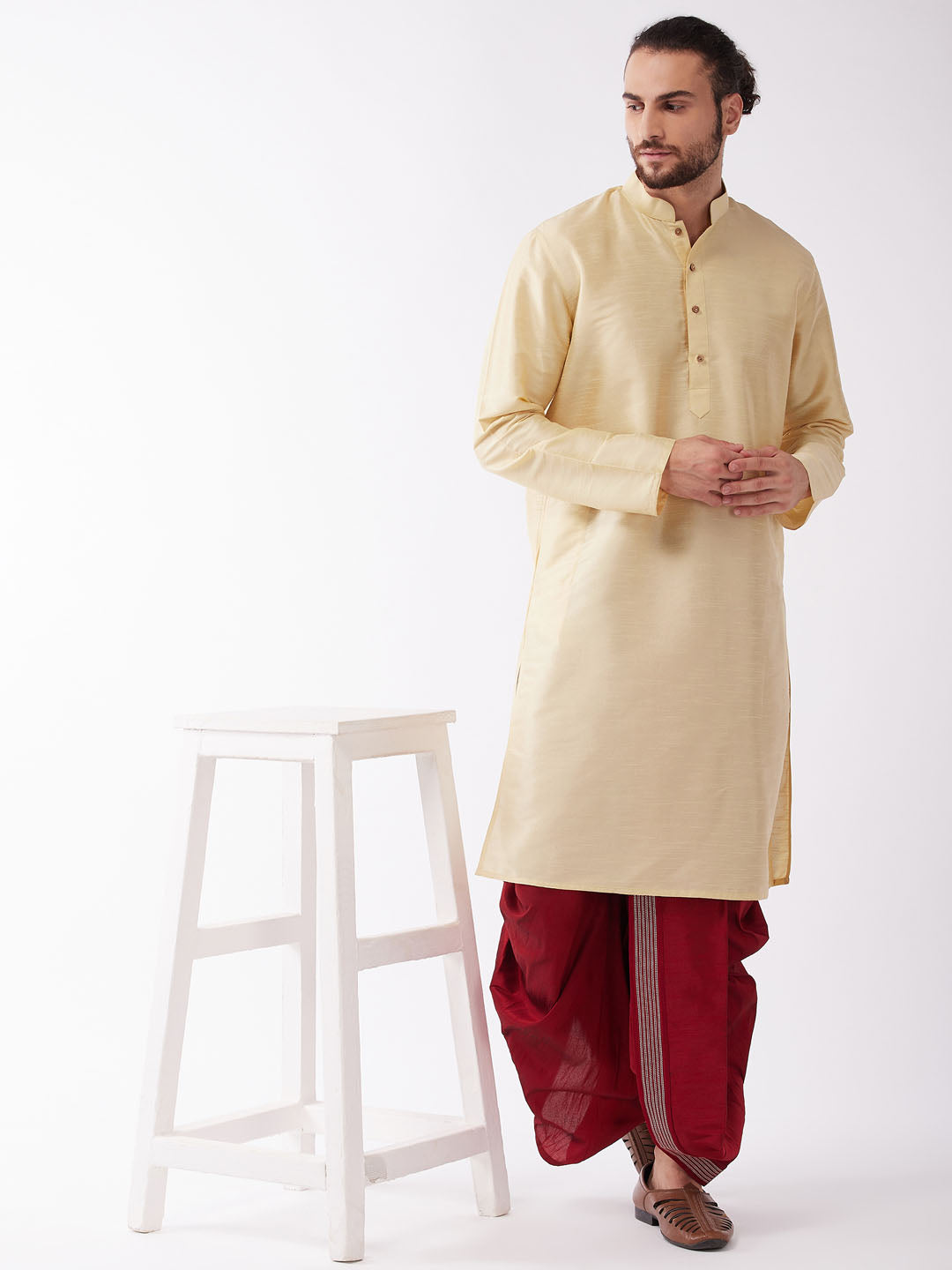 Men's Gold And Maroon Silk Blend Kurta And Dhoti Set