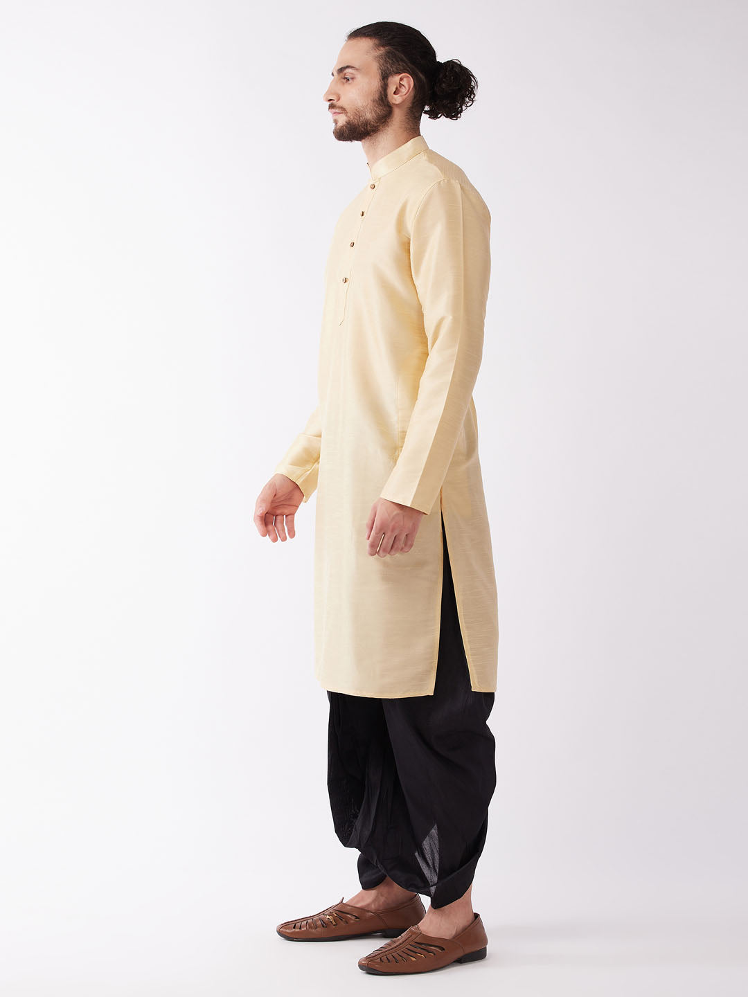Men's Gold Silk Blend Kurta And Black Dhoti Set