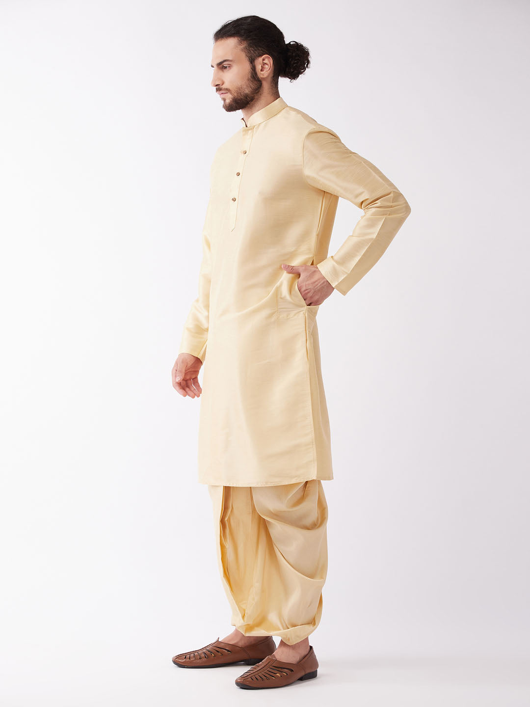 Men's Gold Solid Silk Blend Kurta And Dhoti Set