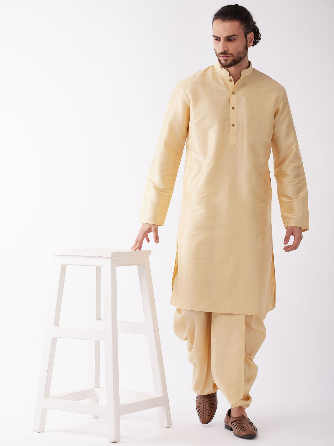 Men's Gold Solid Silk Blend Kurta And Dhoti Set