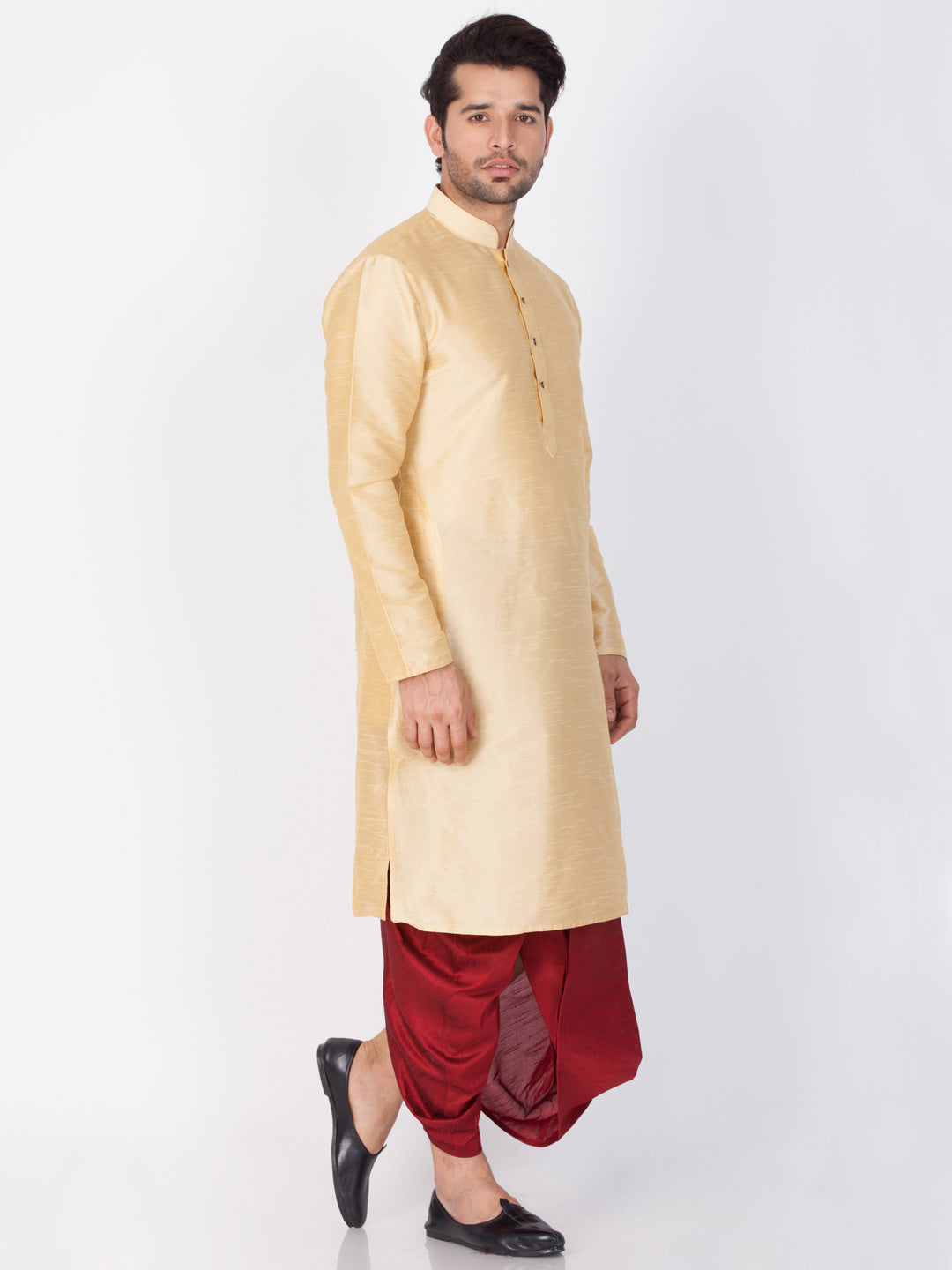 Men's Gold Cotton Silk Blend Kurta and Dhoti Pant Set