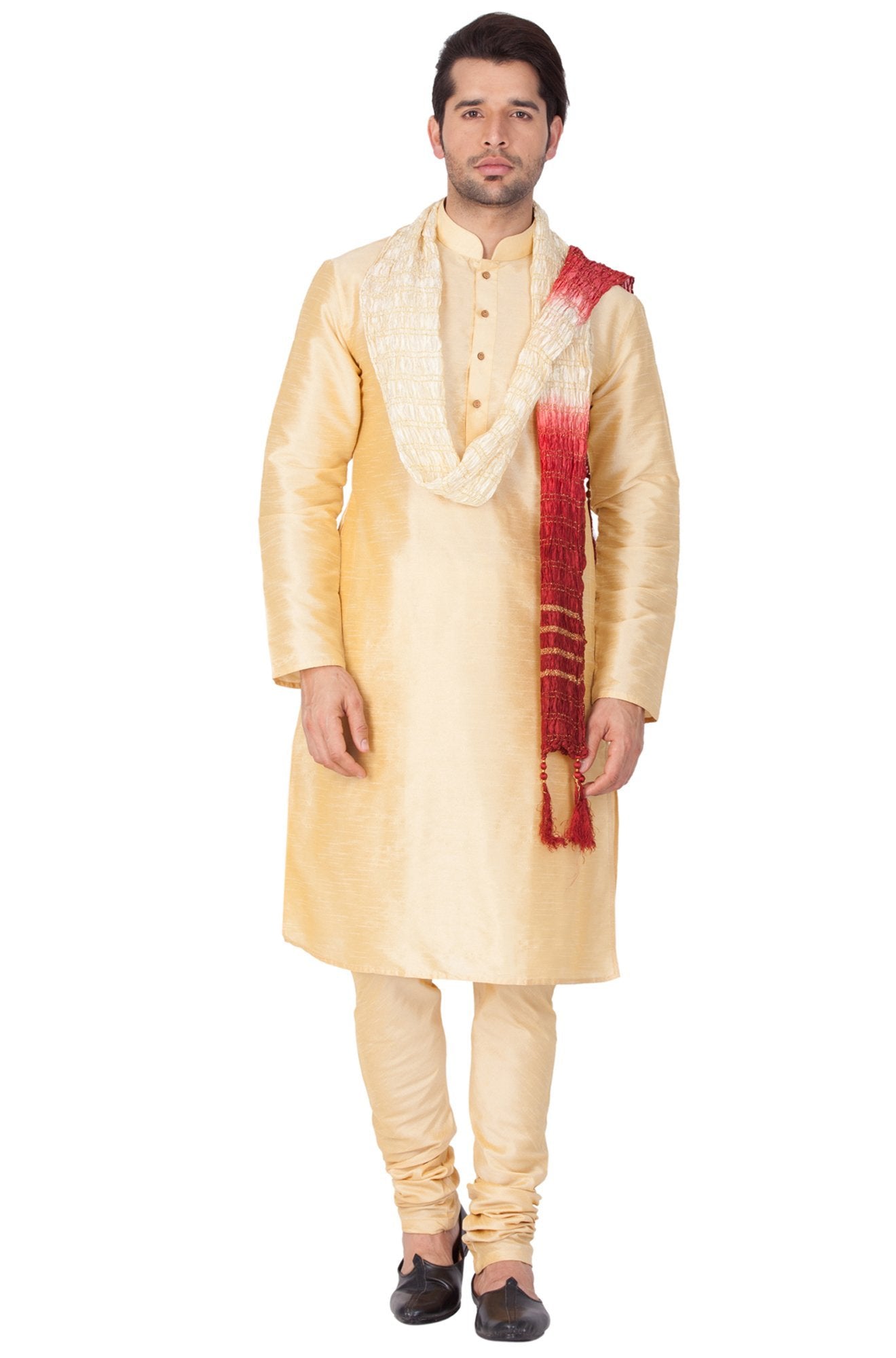 Men's Gold Cotton Silk Blend Kurta, Pyjama & Dupatta Set