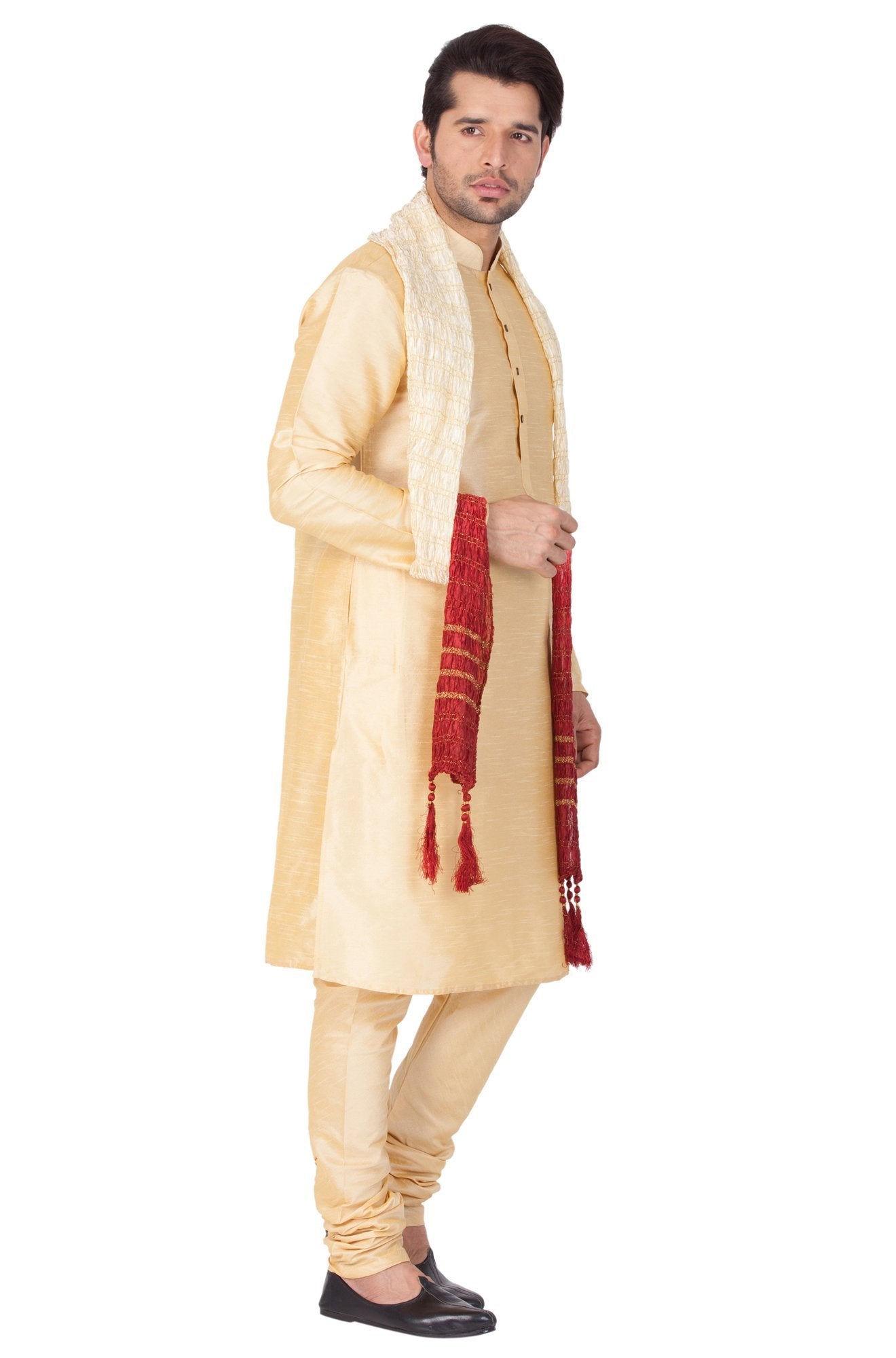 Men's Gold Cotton Silk Blend Kurta, Pyjama & Dupatta Set