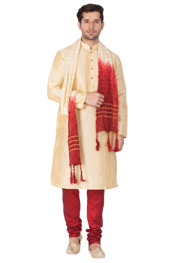 Men's Gold Cotton Silk Blend Kurta, Pyjama & Dupatta Set