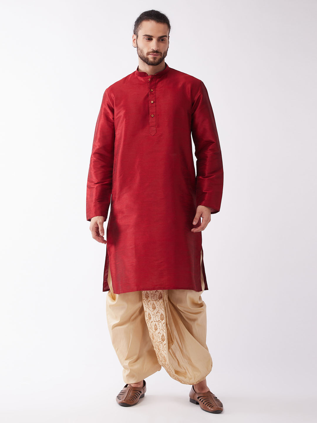 Men Maroon Regular Kurta With Dhoti Pants