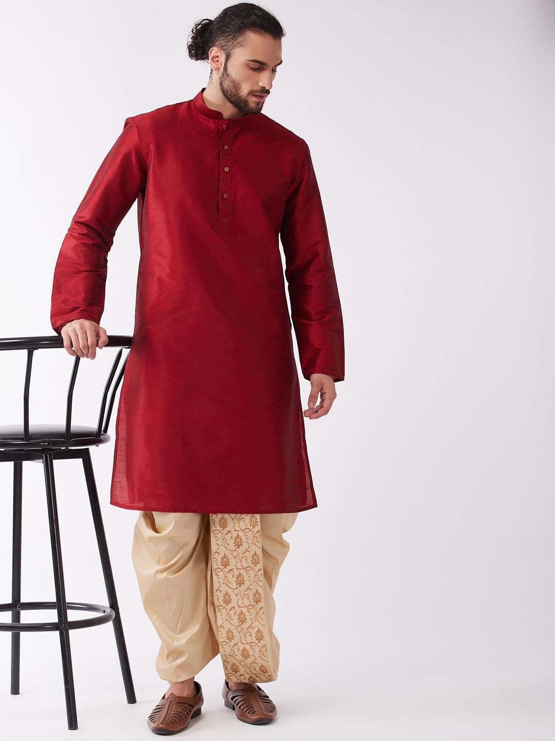 Men Maroon Regular Kurta With Dhoti Pants