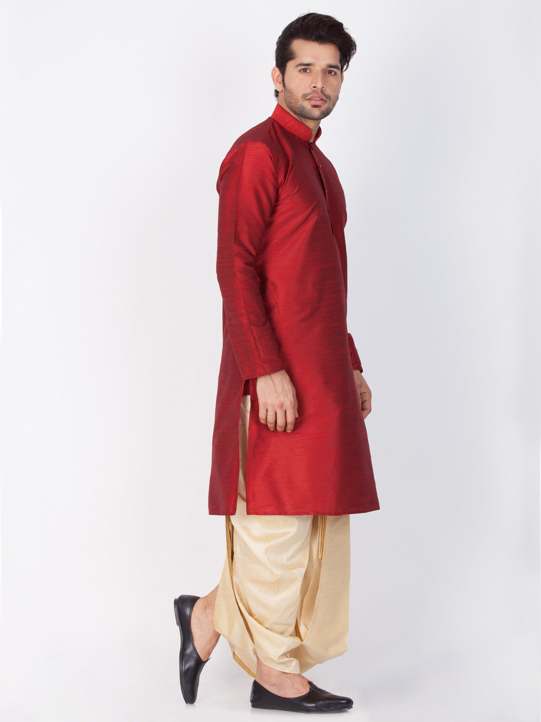 Men's Maroon Cotton Silk Blend Kurta and Dhoti Pant Set