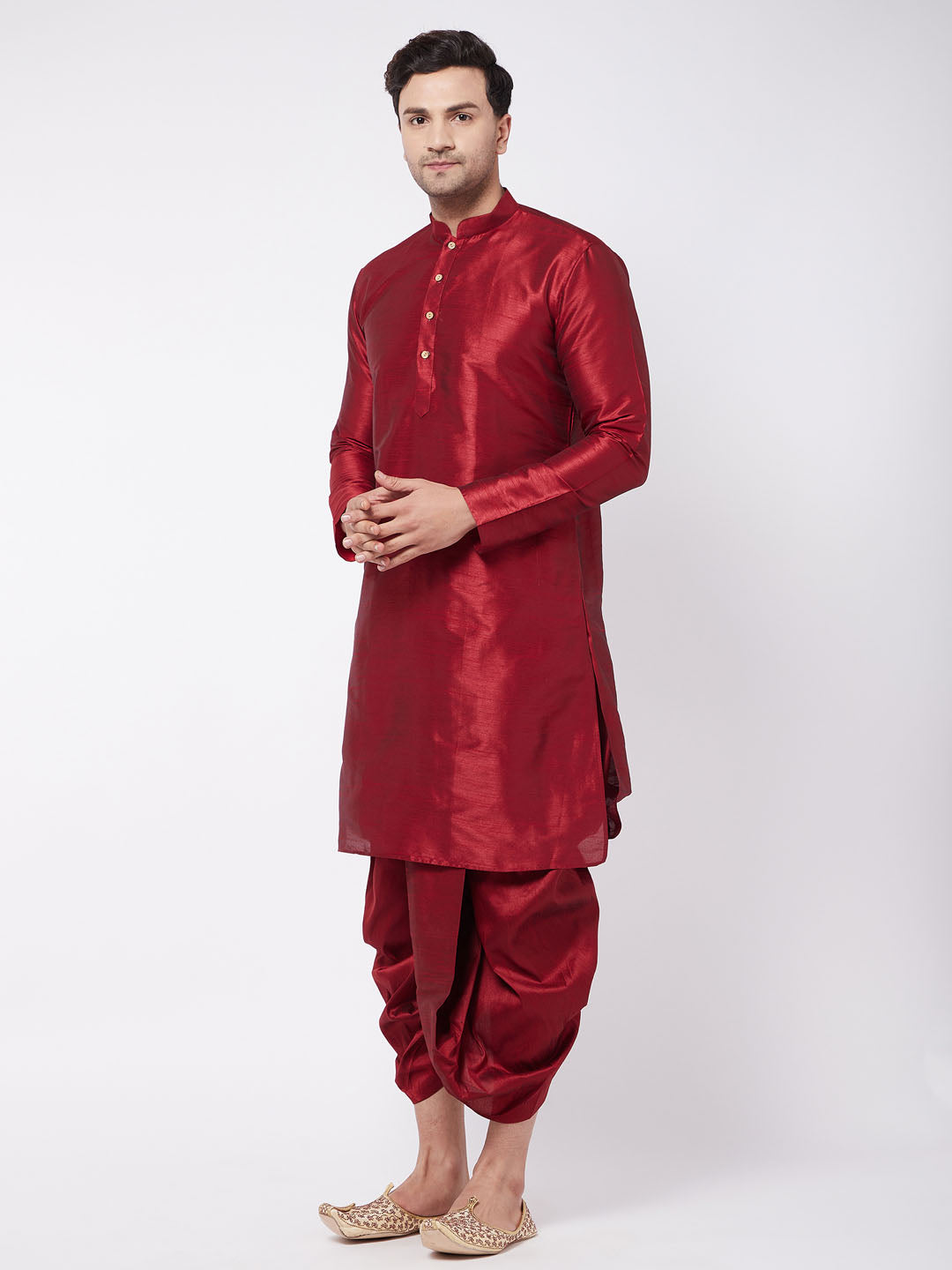Men's Maroon Silk Blend Kurta And Dhoti Set