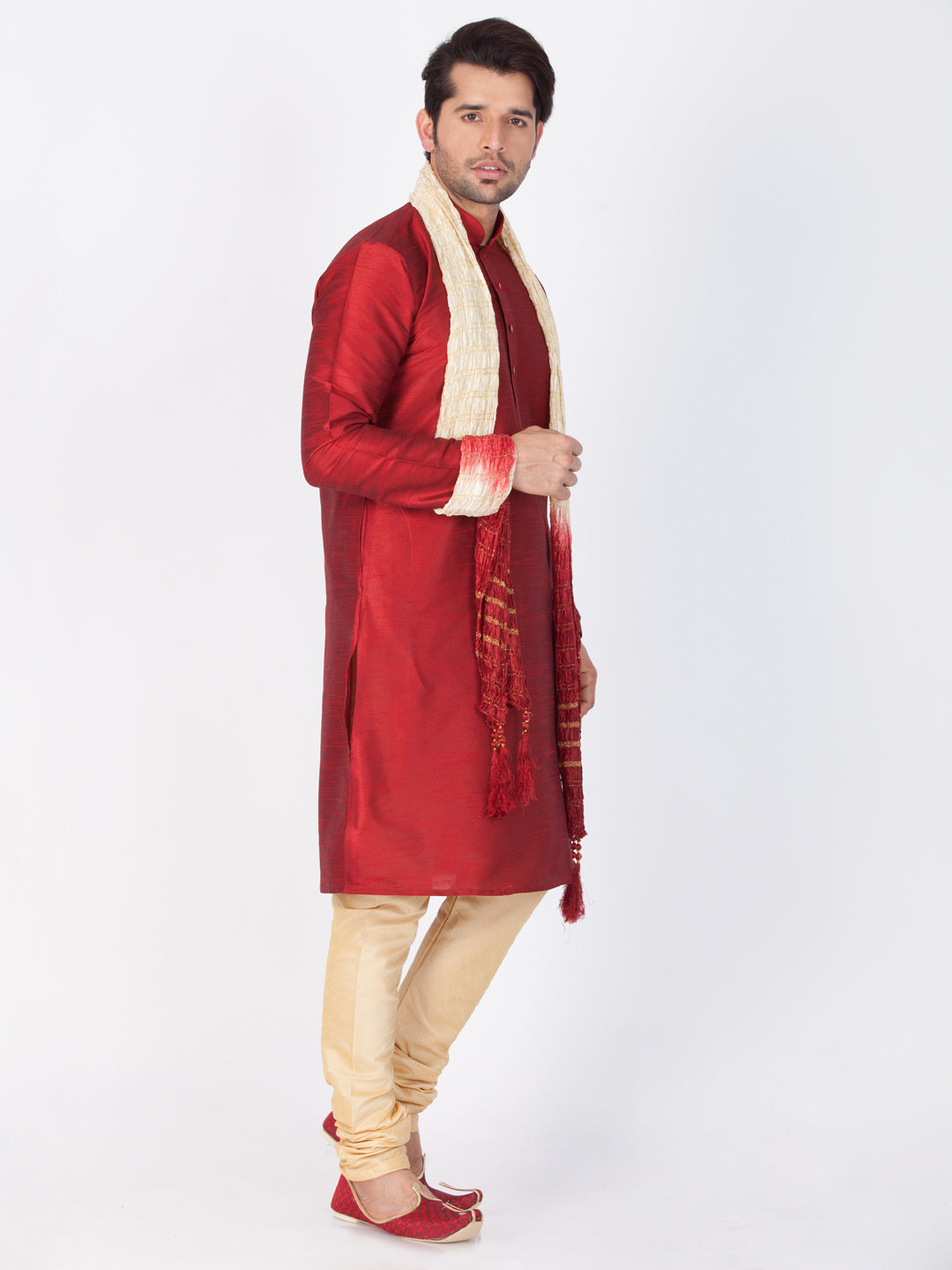 Men's Maroon Cotton Silk Blend Kurta, Pyjama & Dupatta Set