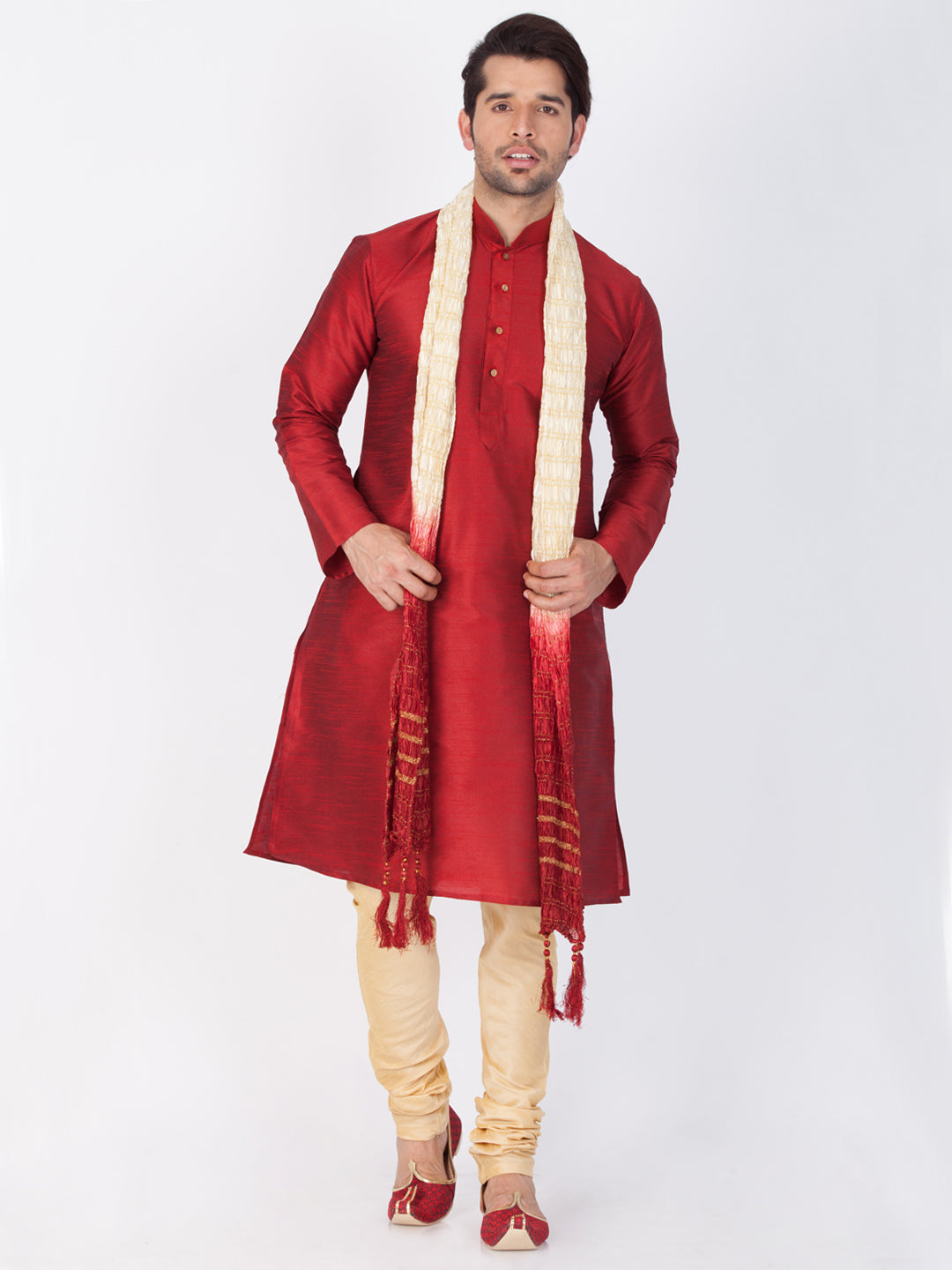 Men's Maroon Cotton Silk Blend Kurta, Pyjama & Dupatta Set