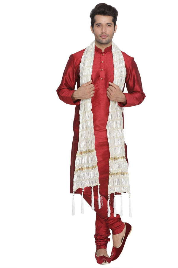 Men's Maroon Cotton Silk Blend Kurta, Pyjama & Dupatta Set
