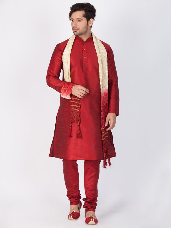 Men's Maroon Cotton Silk Blend Kurta, Pyjama & Dupatta Set