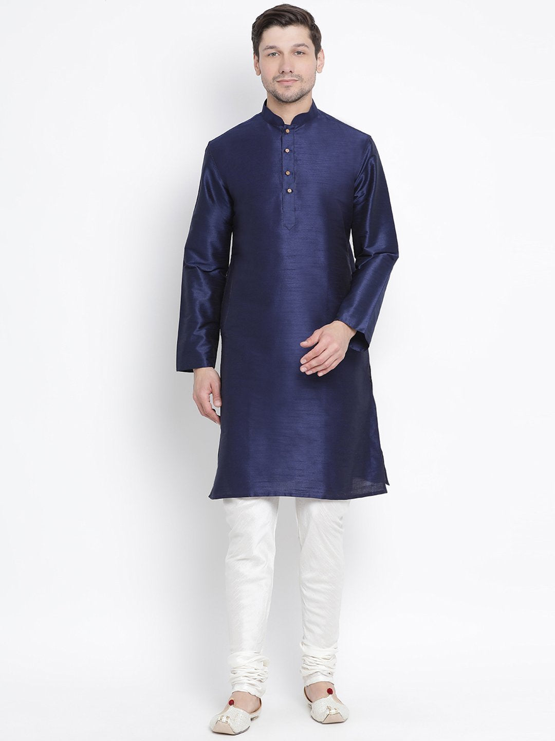 Men's Dark Blue Cotton Silk Blend Kurta and Pyjama Set