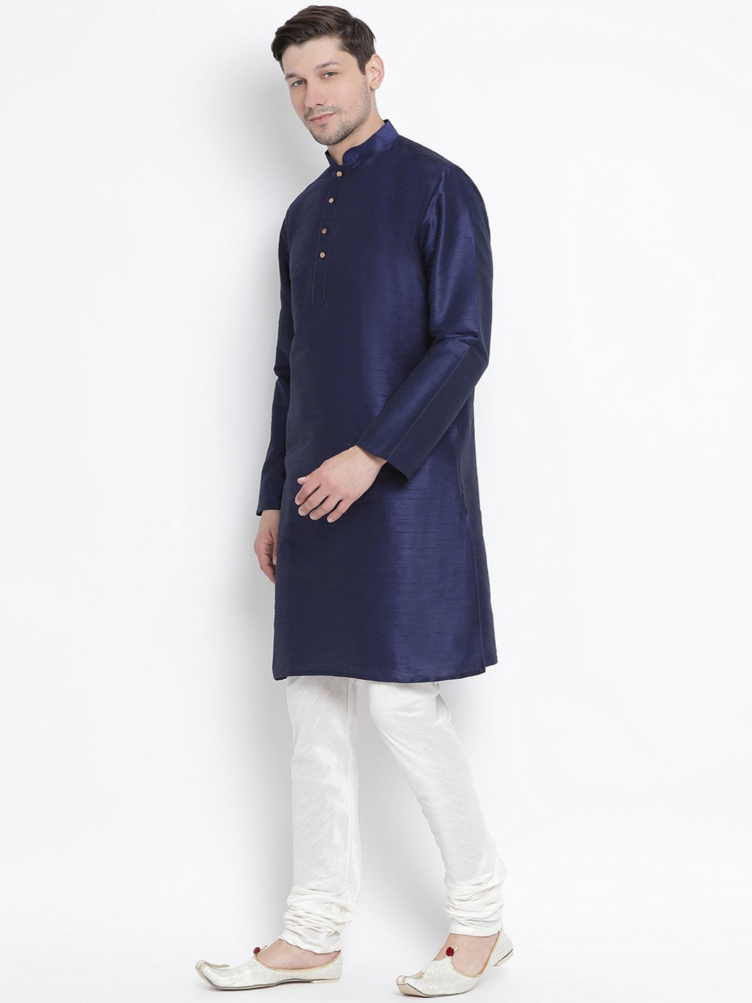 Men's Dark Blue Cotton Silk Blend Kurta and Pyjama Set