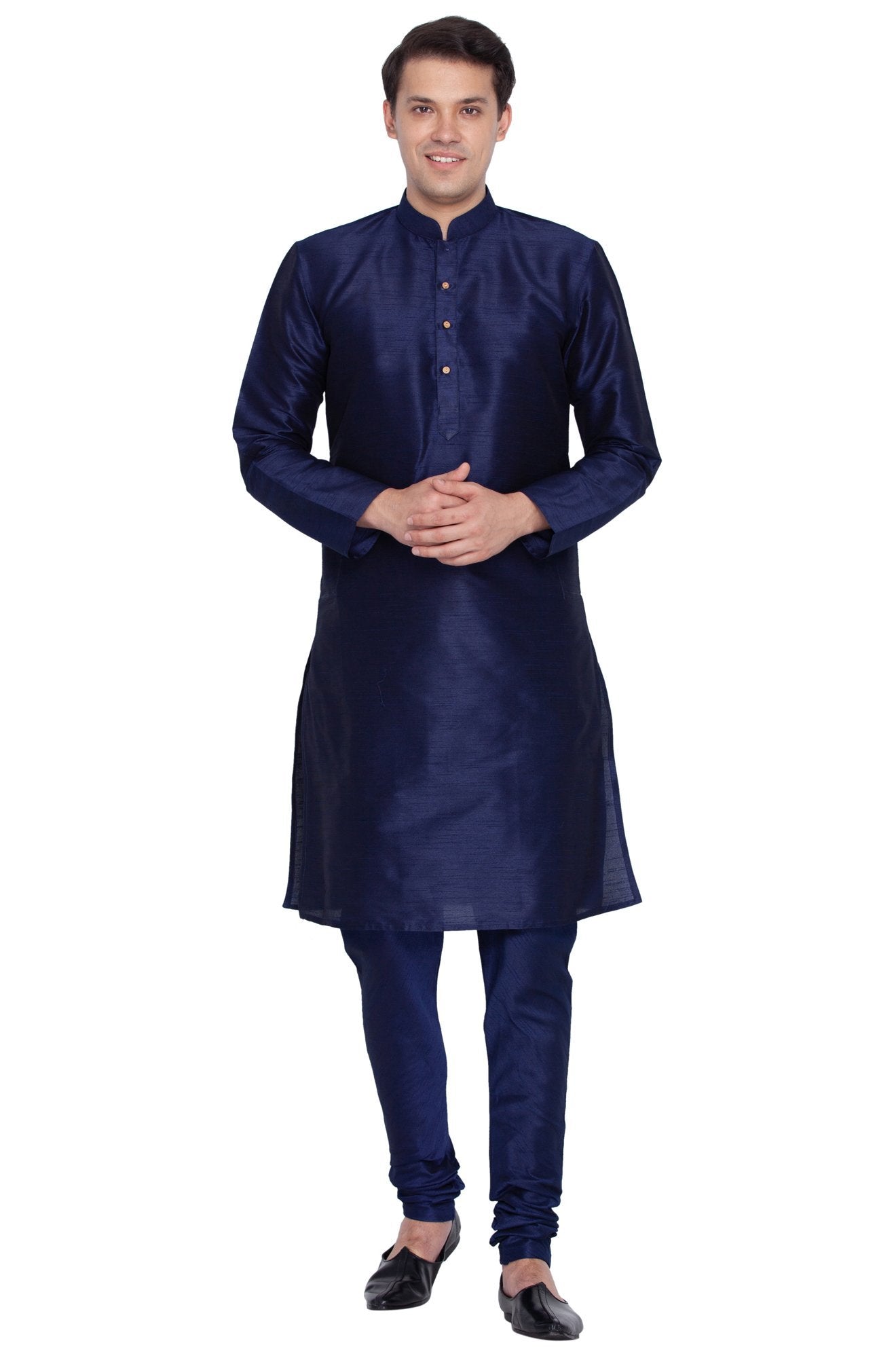 Men's Dark Blue Cotton Silk Blend Kurta and Pyjama Set