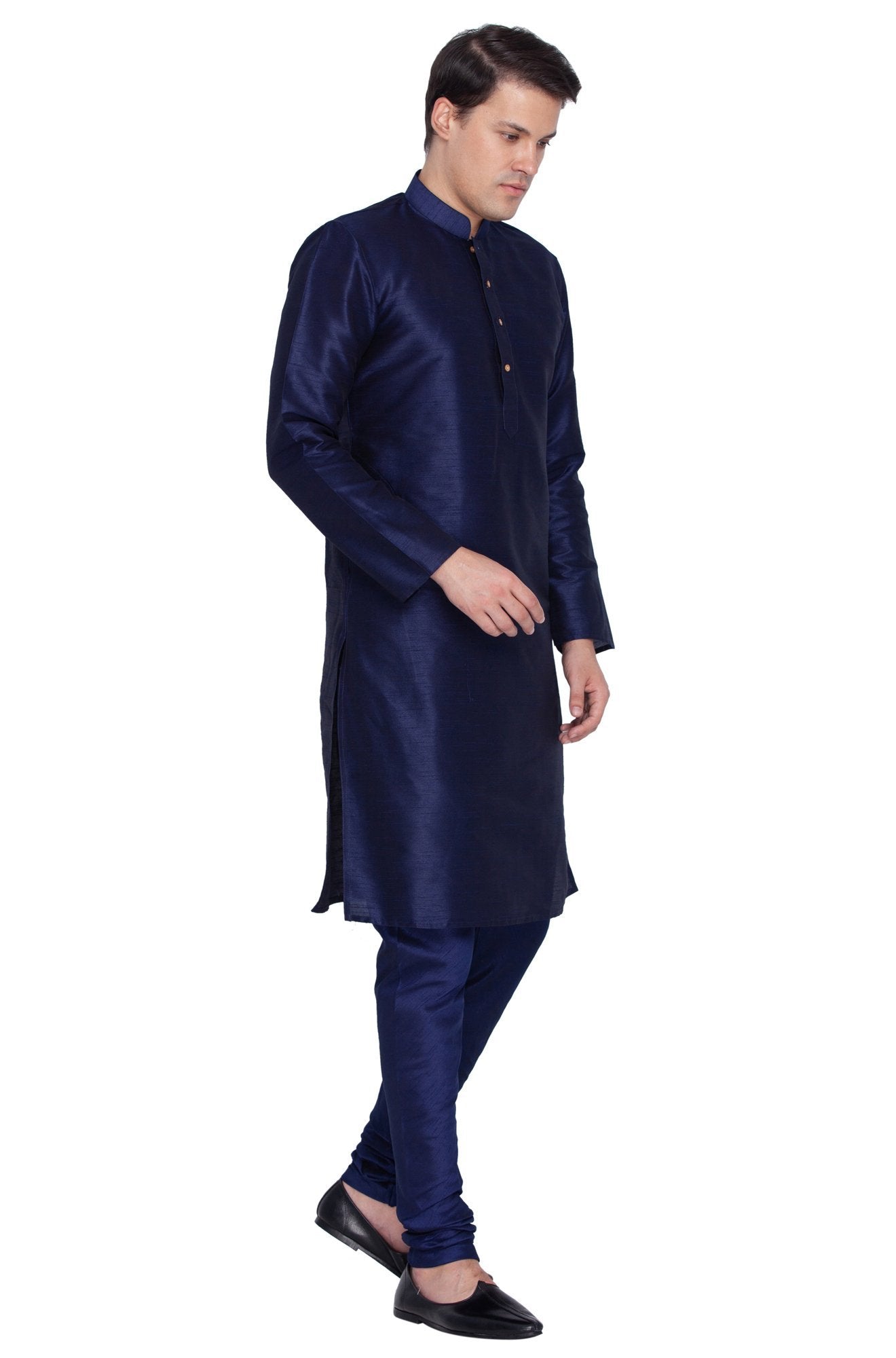 Men's Dark Blue Cotton Silk Blend Kurta and Pyjama Set