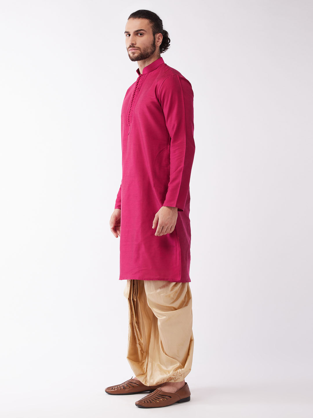 Men's Fuchsia Pink And Gold Cotton Silk Blend Kurta And Dhoti Set