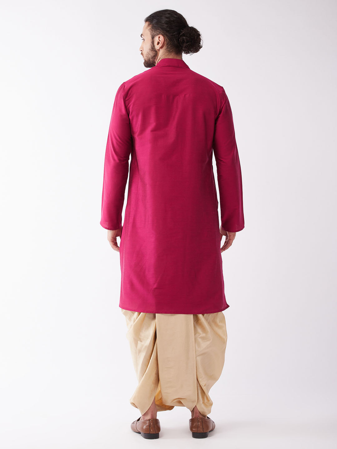 Men's Fuchsia Pink And Gold Cotton Silk Blend Kurta And Dhoti Set