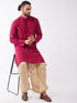 Men's Fuchsia Pink And Gold Cotton Silk Blend Kurta And Dhoti Set