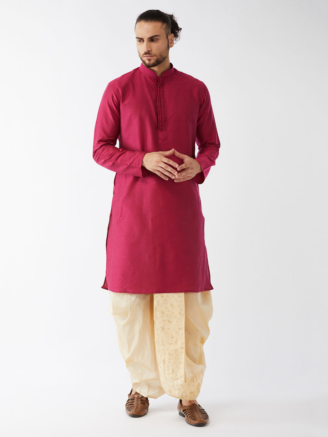 Men's Fuchsia Pink And Gold Cotton Silk Blend Kurta And Dhoti Set