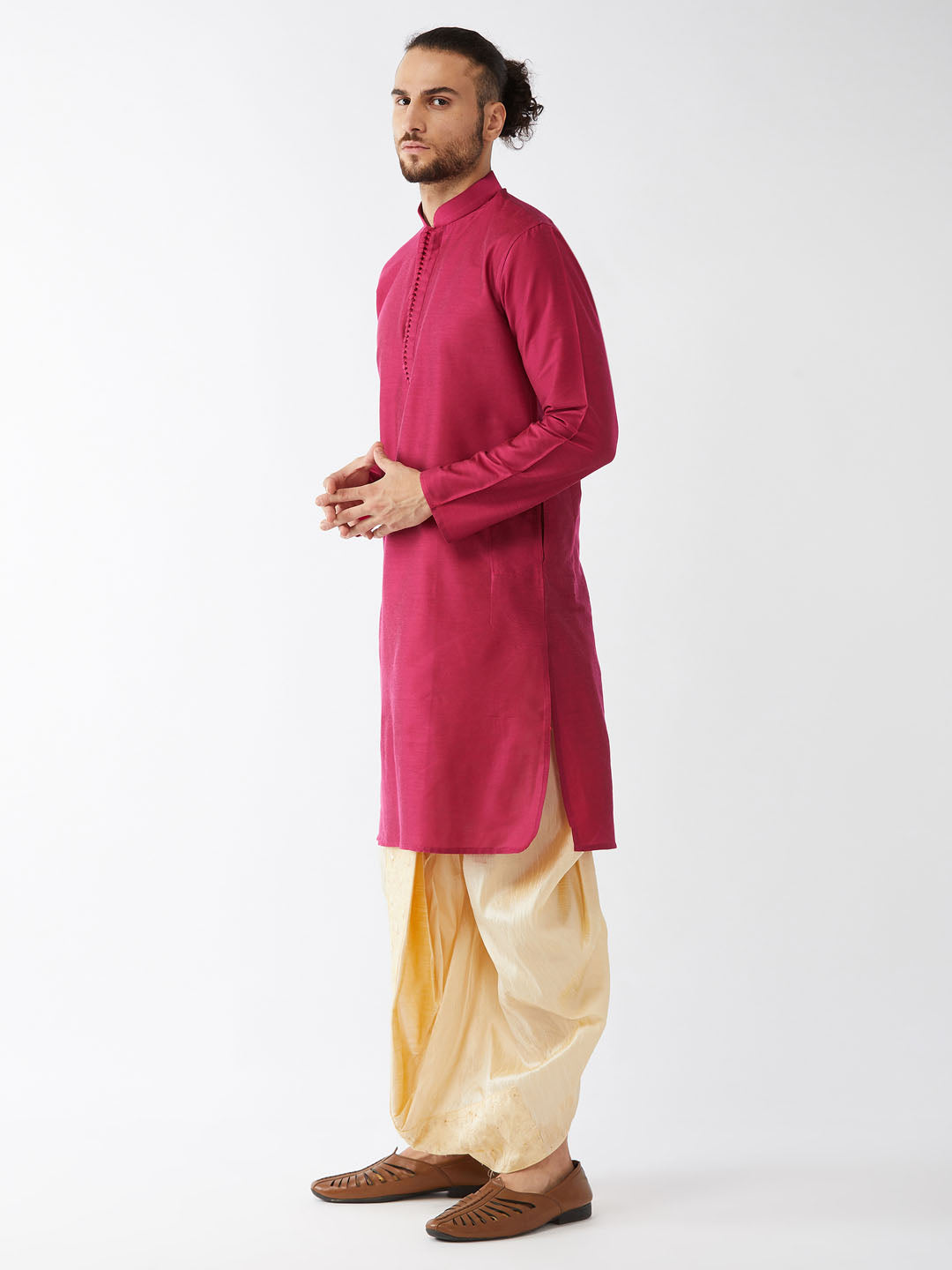 Men's Fuchsia Pink And Gold Cotton Silk Blend Kurta And Dhoti Set