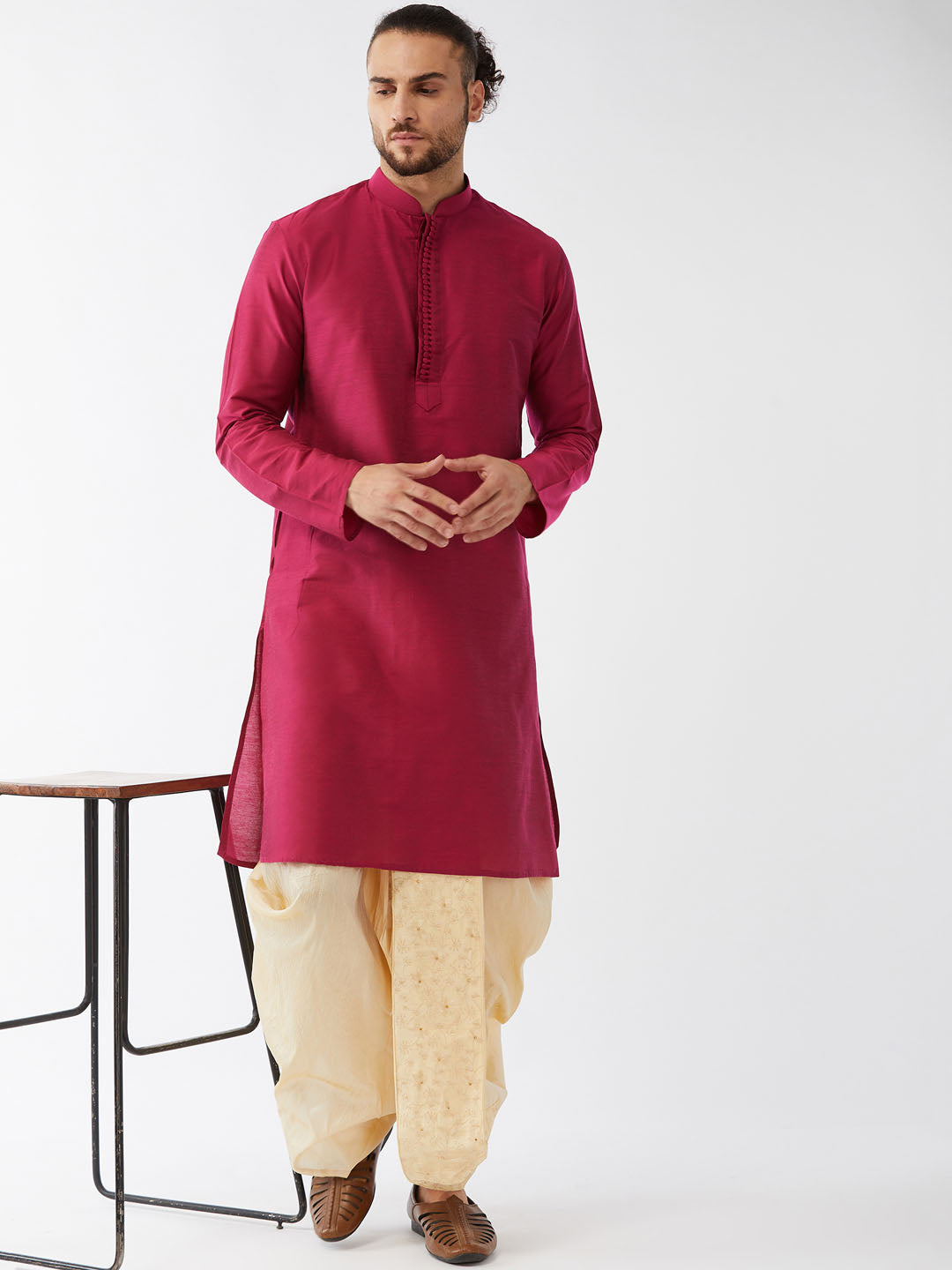 Men's Fuchsia Pink And Gold Cotton Silk Blend Kurta And Dhoti Set