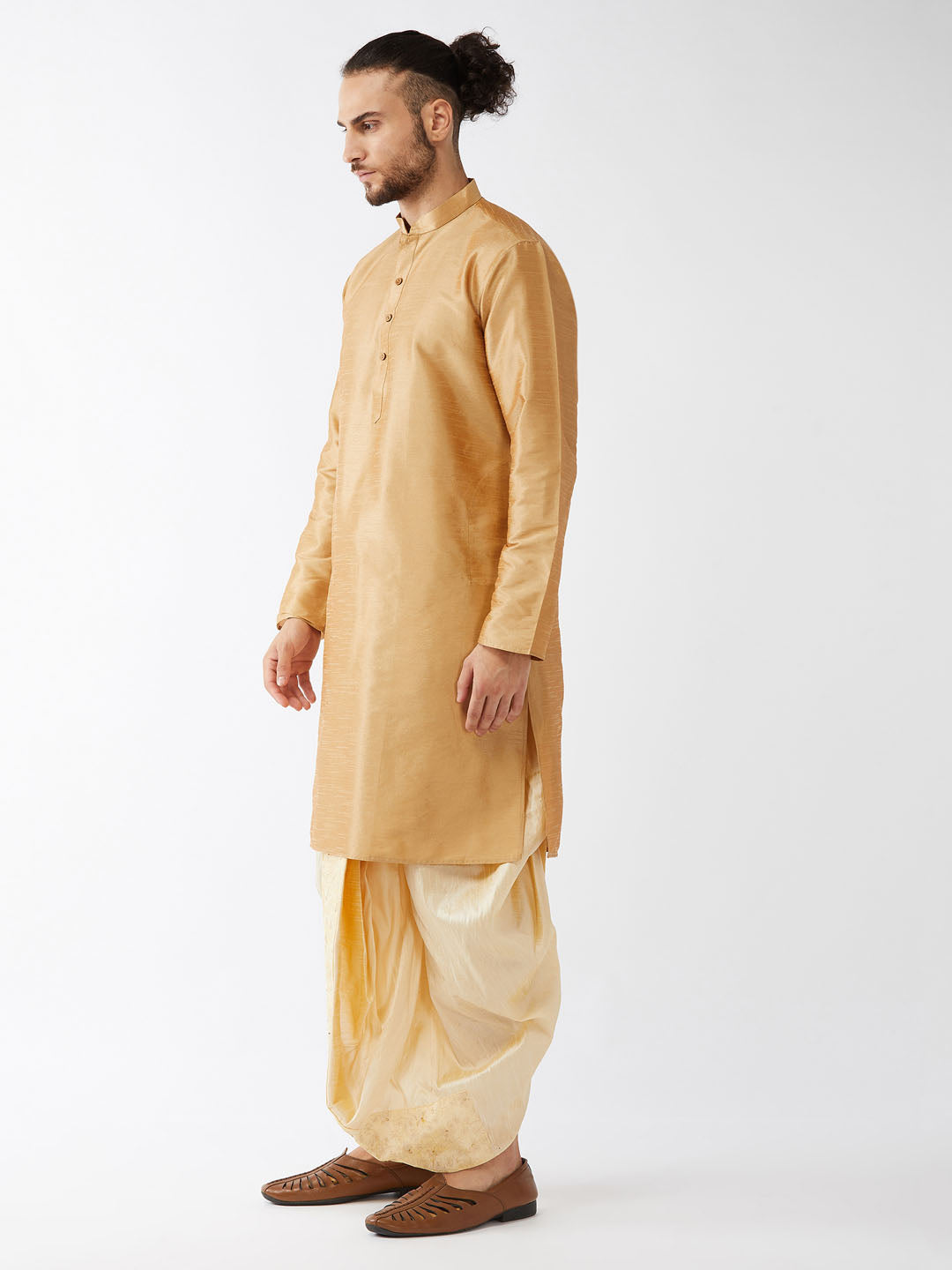 Men's Rose Gold And Gold Silk Blend Kurta And Dhoti Set