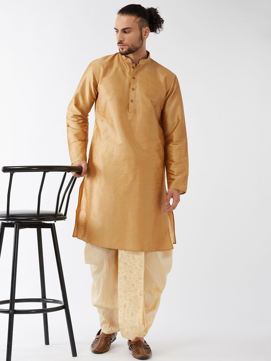 Men's Rose Gold And Gold Silk Blend Kurta And Dhoti Set