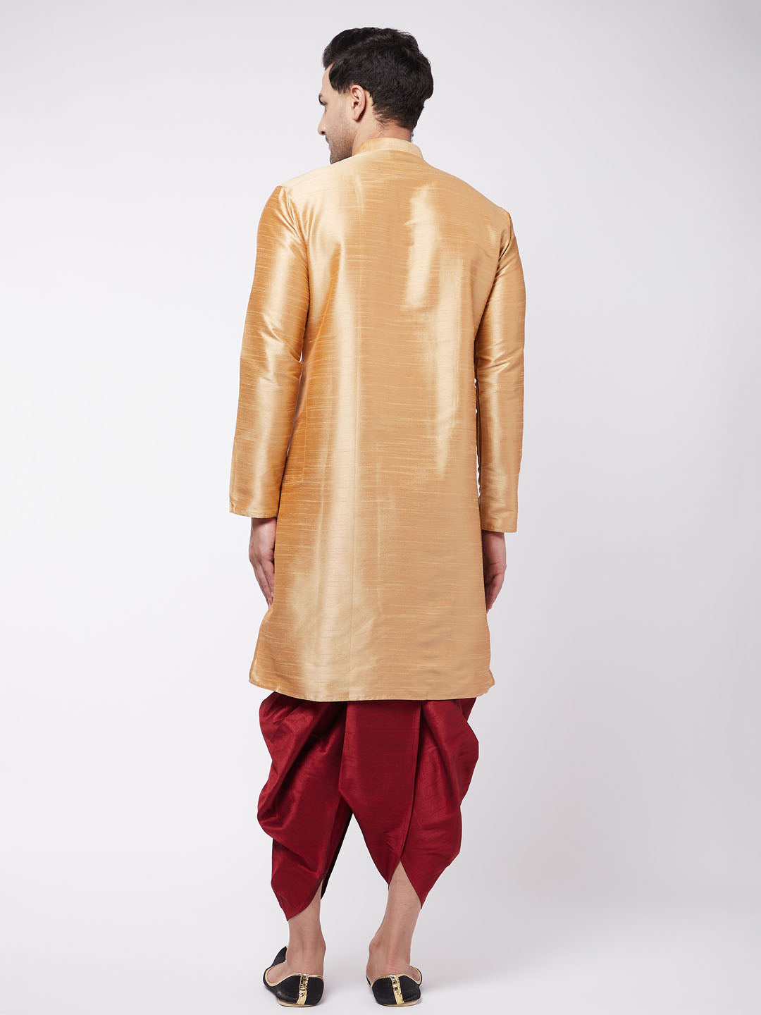 Men's Rose Gold And Maroon Silk Blend Kurta And Dhoti Set