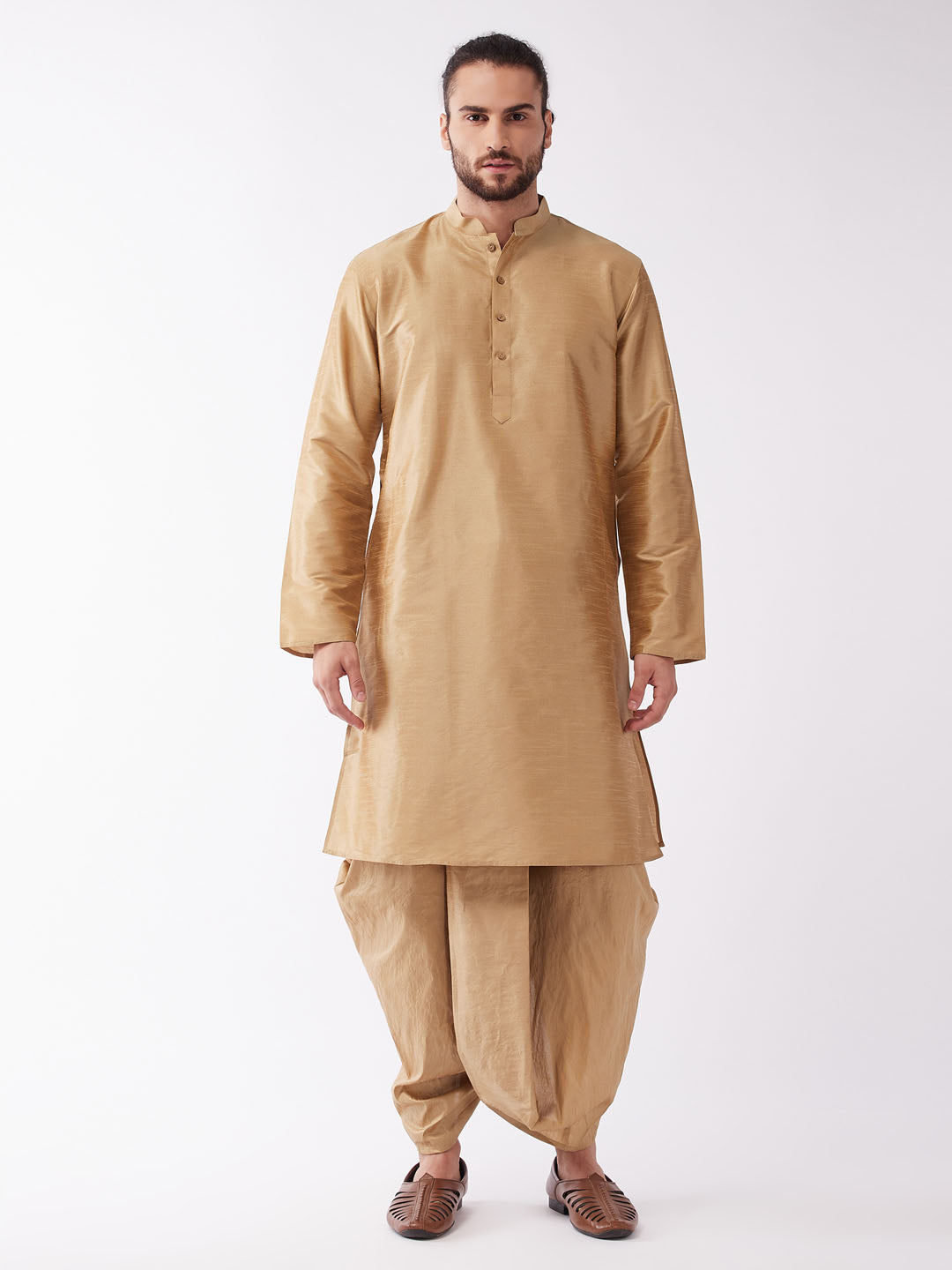 Men's Rose Gold Solid Silk Blend Kurta And Dhoti Set