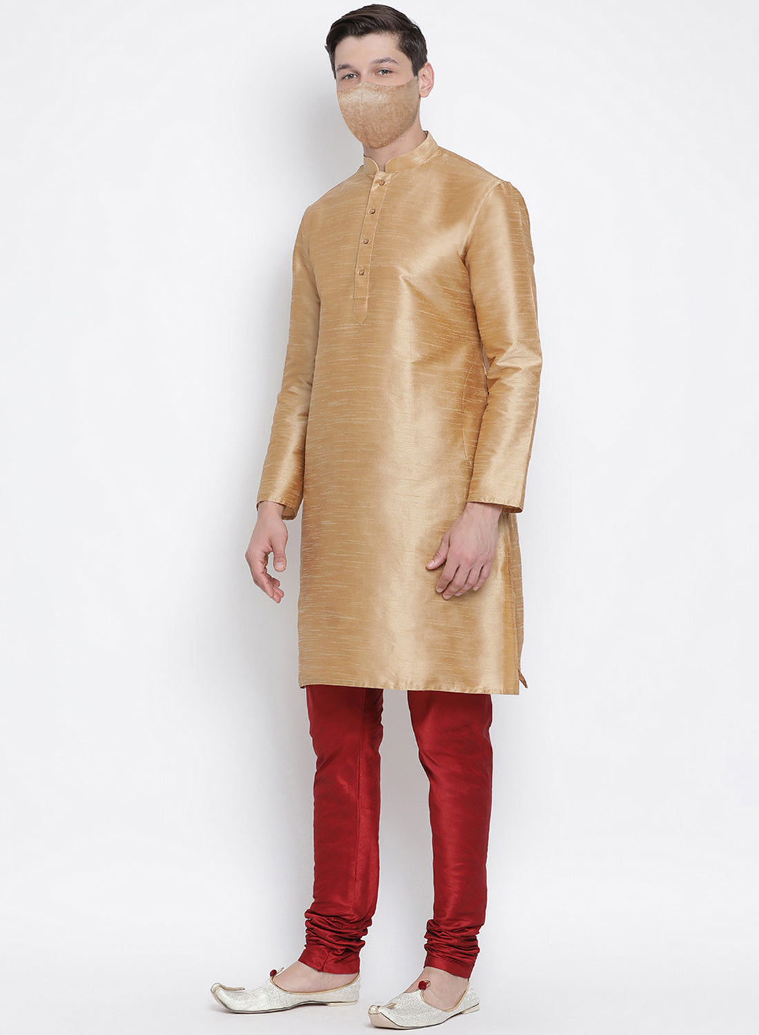 Men's Gold Cotton Silk Blend Kurta and Pyjama Set