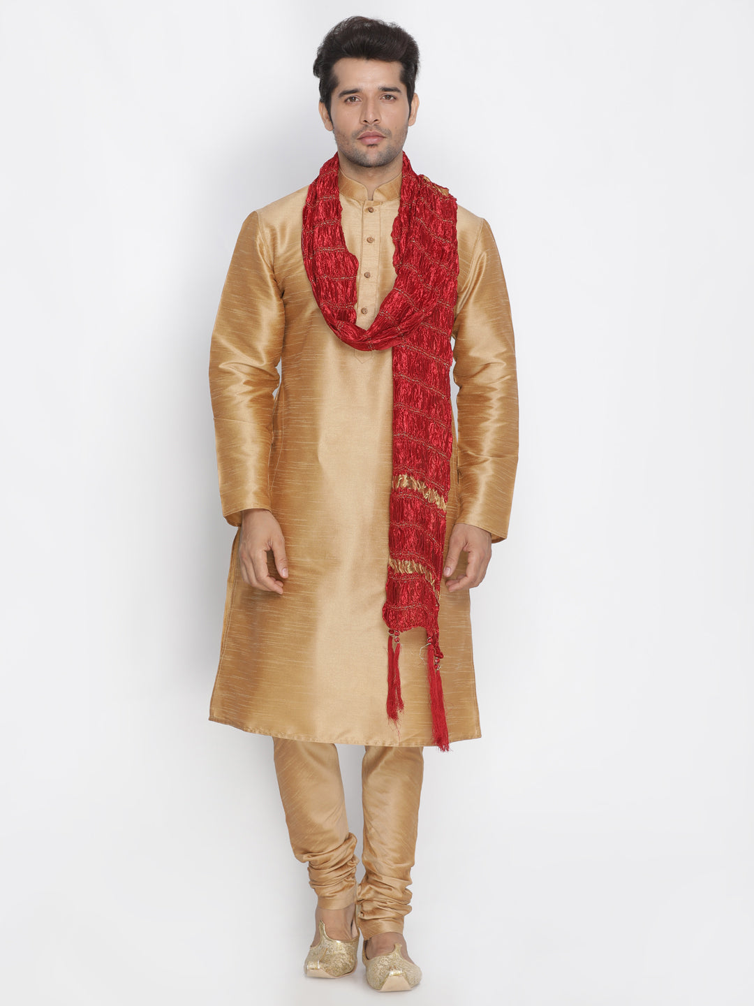 Men's Gold Cotton Silk Blend Kurta, Pyjama & Dupatta Set
