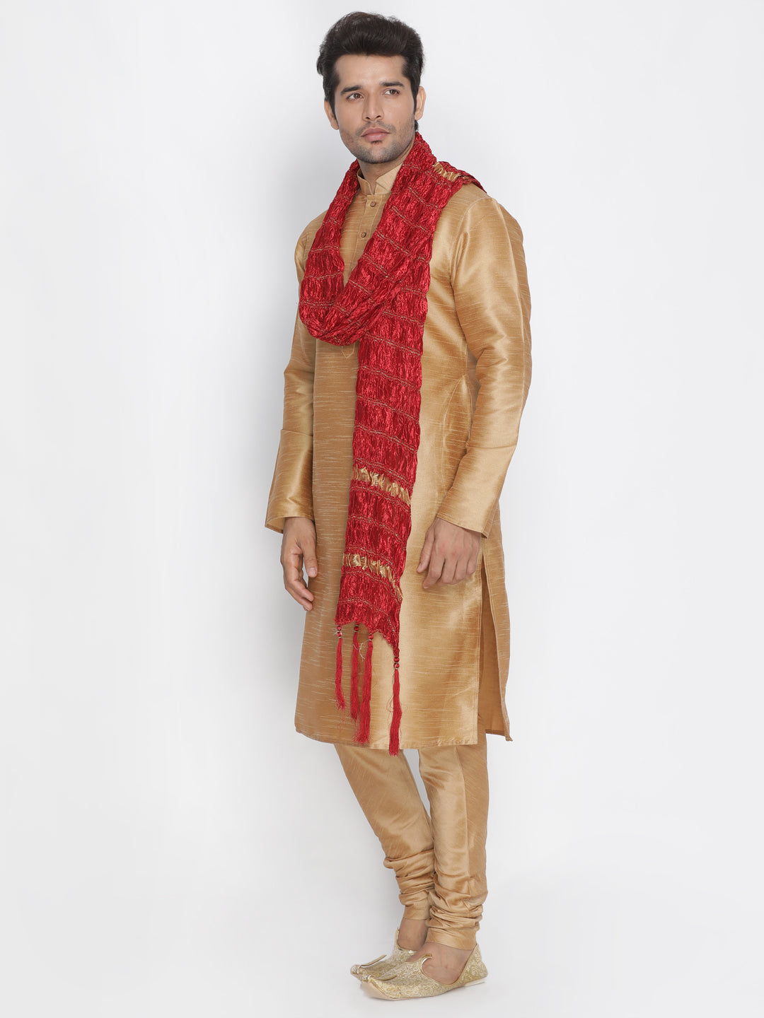 Men's Gold Cotton Silk Blend Kurta, Pyjama & Dupatta Set