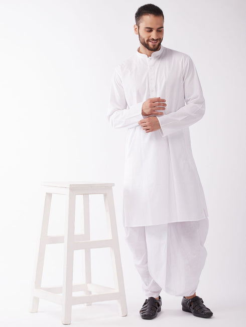 Men's White Cotton Blend Kurta And Dhoti Set