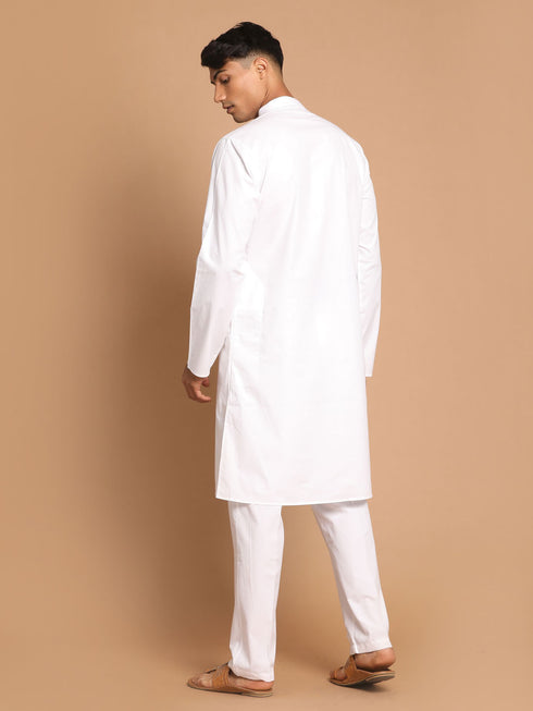 Men's White Kurta With White Solid Cotton Pant Style Pyjama Set