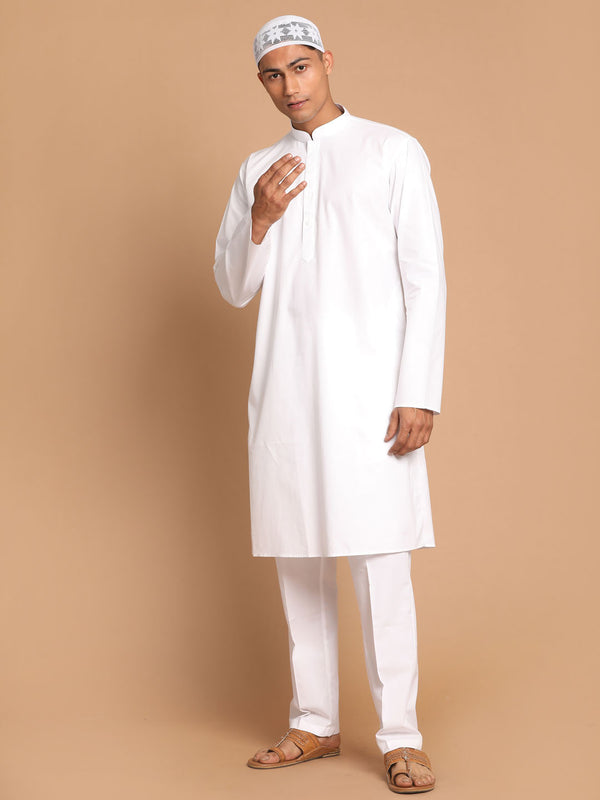 Men's White Kurta With White Solid Cotton Pant Style Pyjama Set With Prayer Cap