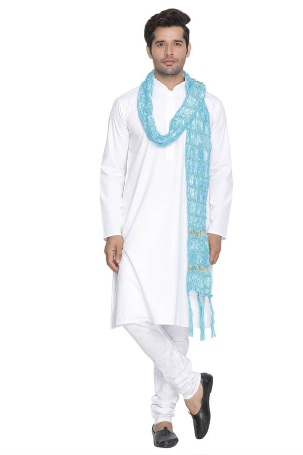 Men's Light Blue Cotton Kurta, Pyjama & Dupatta Set