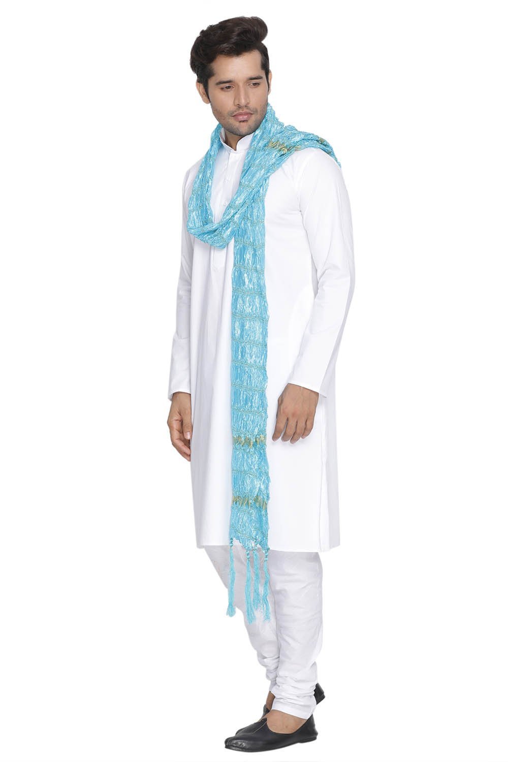 Men's Light Blue Cotton Kurta, Pyjama & Dupatta Set