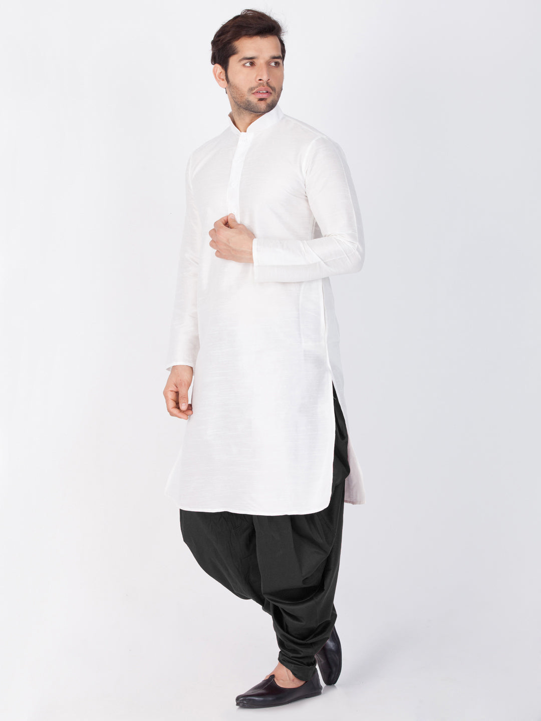 Men's White Cotton Silk Blend Kurta and Dhoti Pant Set