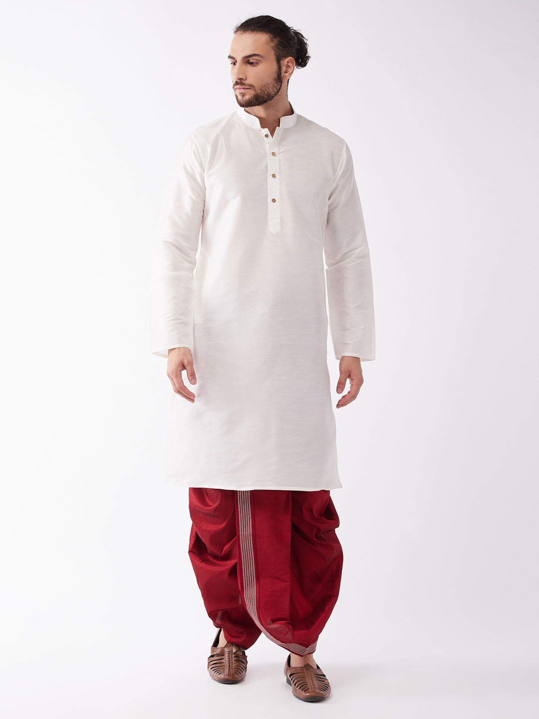 Men's White And Maroon Silk Blend Kurta And Dhoti Set